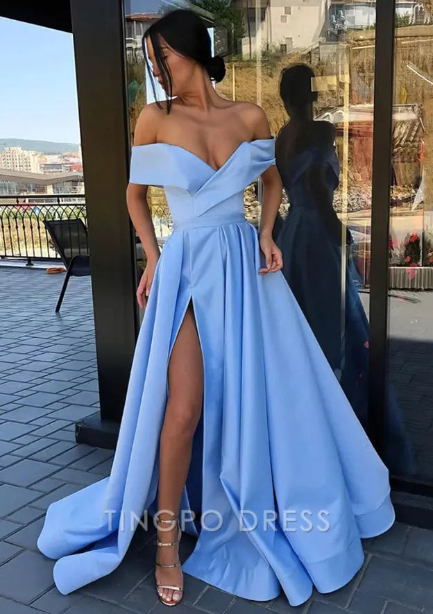 TingPo Wholesale Elegant A-line Off-the-Shoulder Cap Straps Sweep Train Satin Prom Dress With Pleated Split